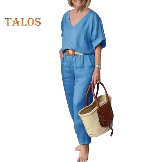 2-teiliges Set mit Bluse und Hose, V-Ausschnitt, langen Ärmeln, Oberteil, weites Bein, lockere Hose mit elastischer Taille, OL, lässiges Homewear-Outfit