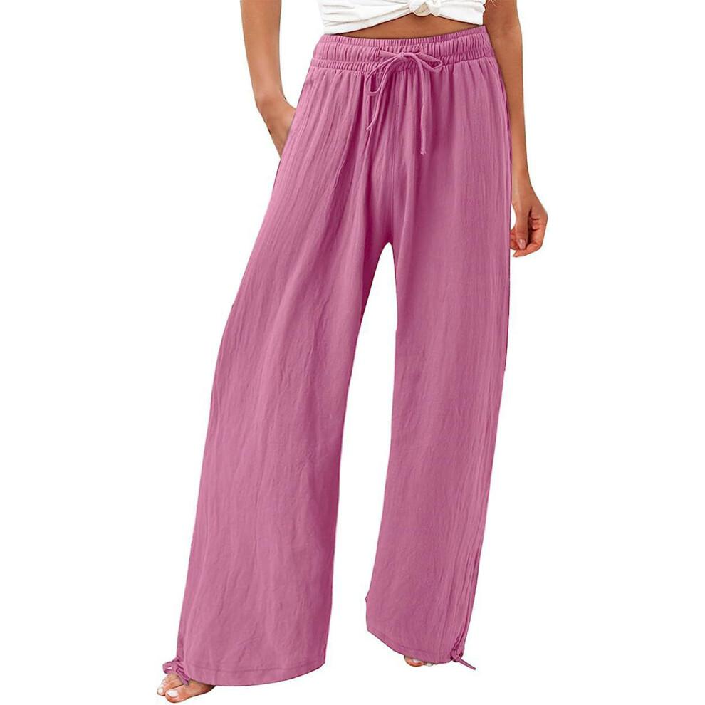 Women Bohemian Cotton Linen Casual Pants Loose Fit-Pink XL