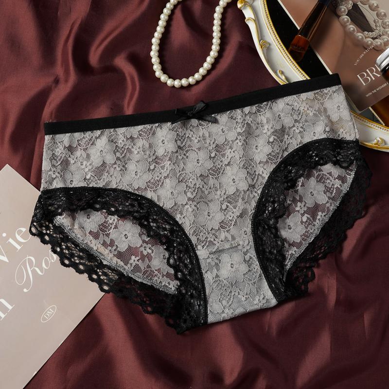 Sexy Transparent Lace Flower Panties New Fashion Middle Waist Bowknot Mesh Underwear for Women Lingerie