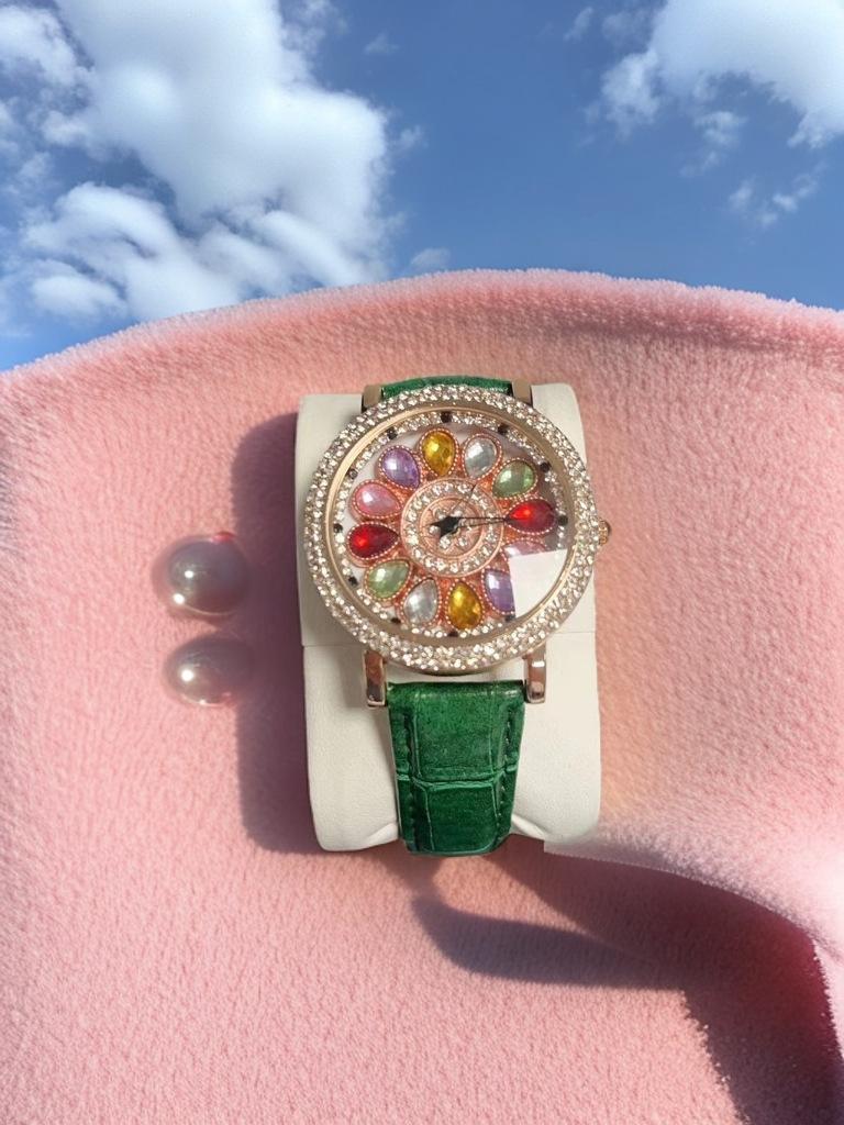 1pc Dazzling and Fashionable Women Quartz Watches with Colorful Rhinestone Inlay, Featuring An Alluring Rotatable Dial, Durable