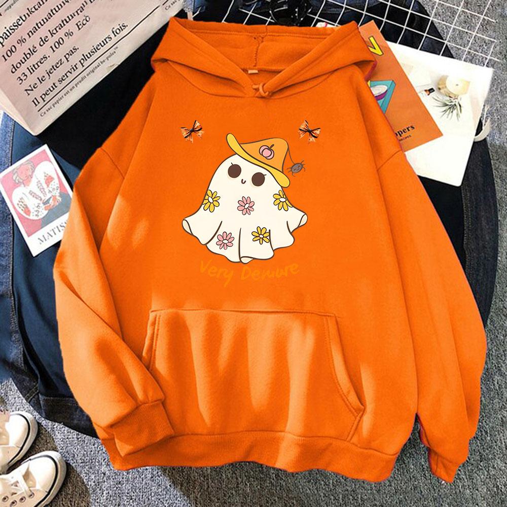Not Too Spooky Very Demure Hoodies Cartoon Halloween Print Sweatshirt Ghost Print Top Men Women Clothes Long Sleeved Top