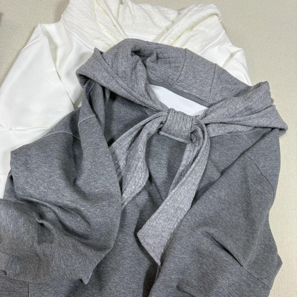 In Stock: Li Ruian Korean-Style Niche Lazy One-Shoulder Bowknot Fleece-Lined Hooded Sweatshirt