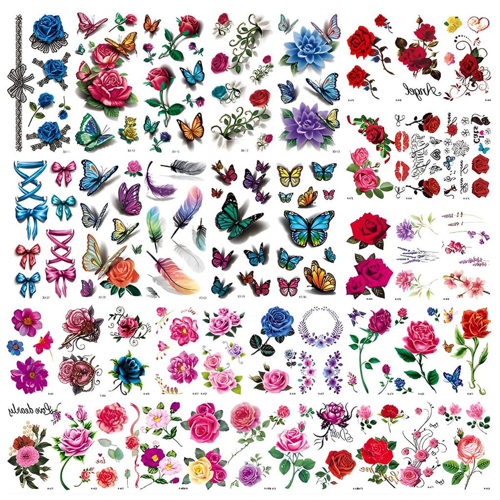 MAYCREATE® 40 Sheets Waterproof Temporary Tattoos Sticker for Women Color Flowers Tattoo Sticker Temporary Tattoos Stickers Roses Butterflies Assor