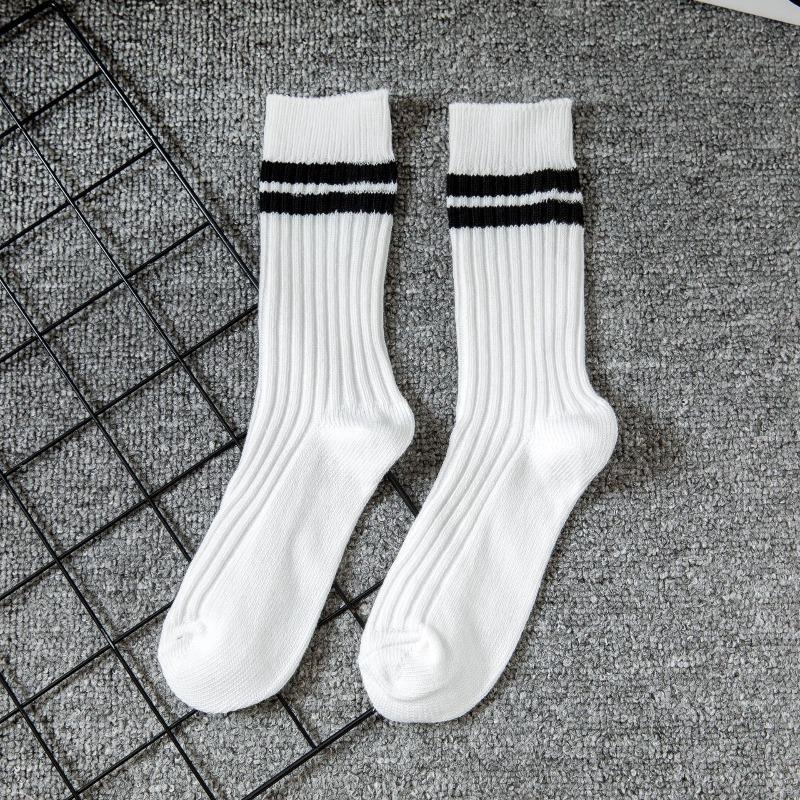Fall/Winter Men's Double-Stitch Thick Stripes Mid-Calf Socks Men's Trend White Double Stripes Long-Sleeved Cotton Men's Socks