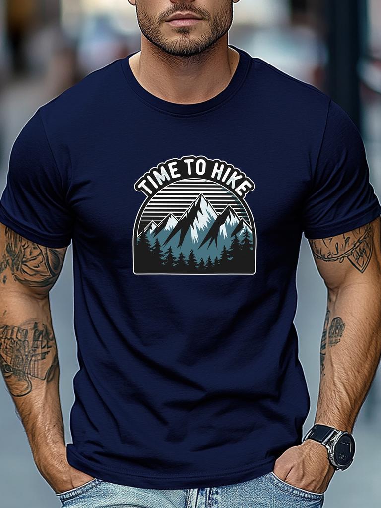 Mens Hiking TShirt Time To Hike Mountain Print Short Sleeve Round Neck Breathable Oversized Daily Wear TShirt