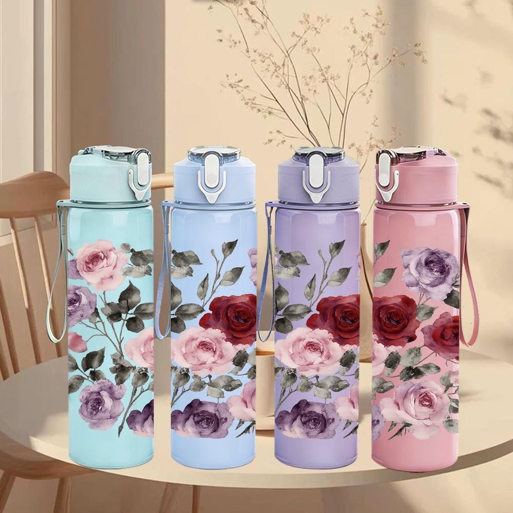1PC Dusty Rose Mixed Flower Print 750ml Color Plastic Sports Water Bottle Leakproof Flip Straw Lid Suitable for Sports Office Home Use