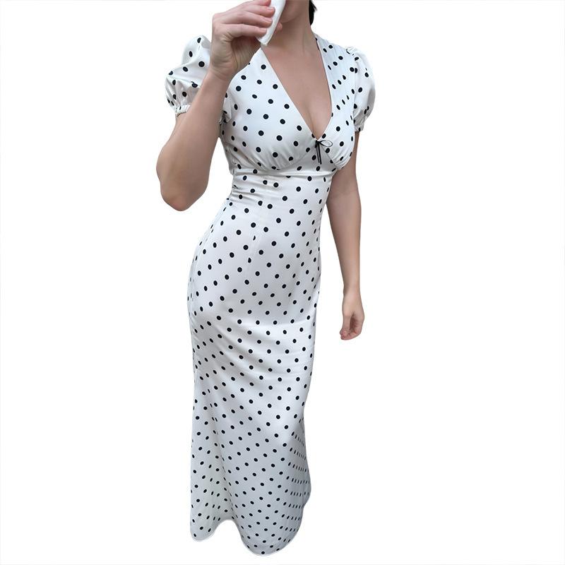 KDA European and American style summer new women's clothing bubble sleeve V-neck bow polka dot dress