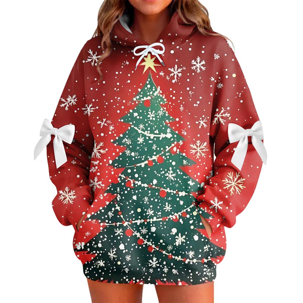 Ladies' Christmas Printed Bow Long Sleeved Loose Fitting Headband With Rope Hooded Sweatshirt Top