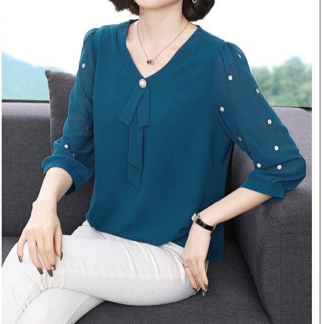 

Весенне-летняя новинка с рукавами 3/4, модная блузка для мамы, женская однотонная шифоновая рубашка с v-образным вырезом, M-4XL 4XL синий