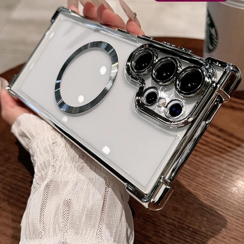 For Magsafe Clear Soft TPU Shockproof Cover For Samsung Galaxy S25 Edge S24 Ultra S23 FE S22 + Plus Magnetic Lens Film Plating Silicone Case