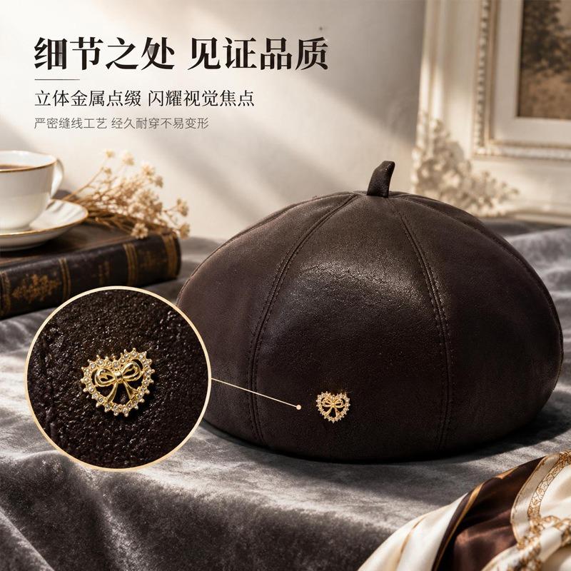 Women S Pu Leather Beret Sweet Cool French Vintage Warm Hat For Autumn Winter
