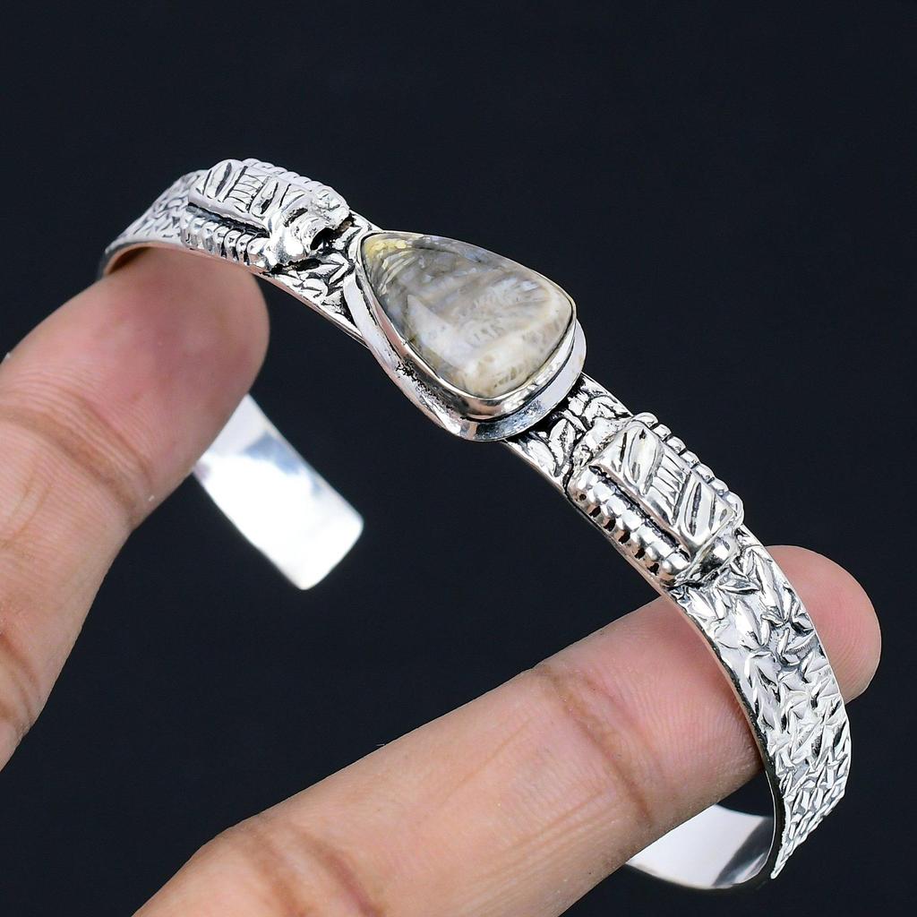 Pear Dendrite Tiger Stone Daughter Birthday Unique Ethnic Bangle Sterling Silver