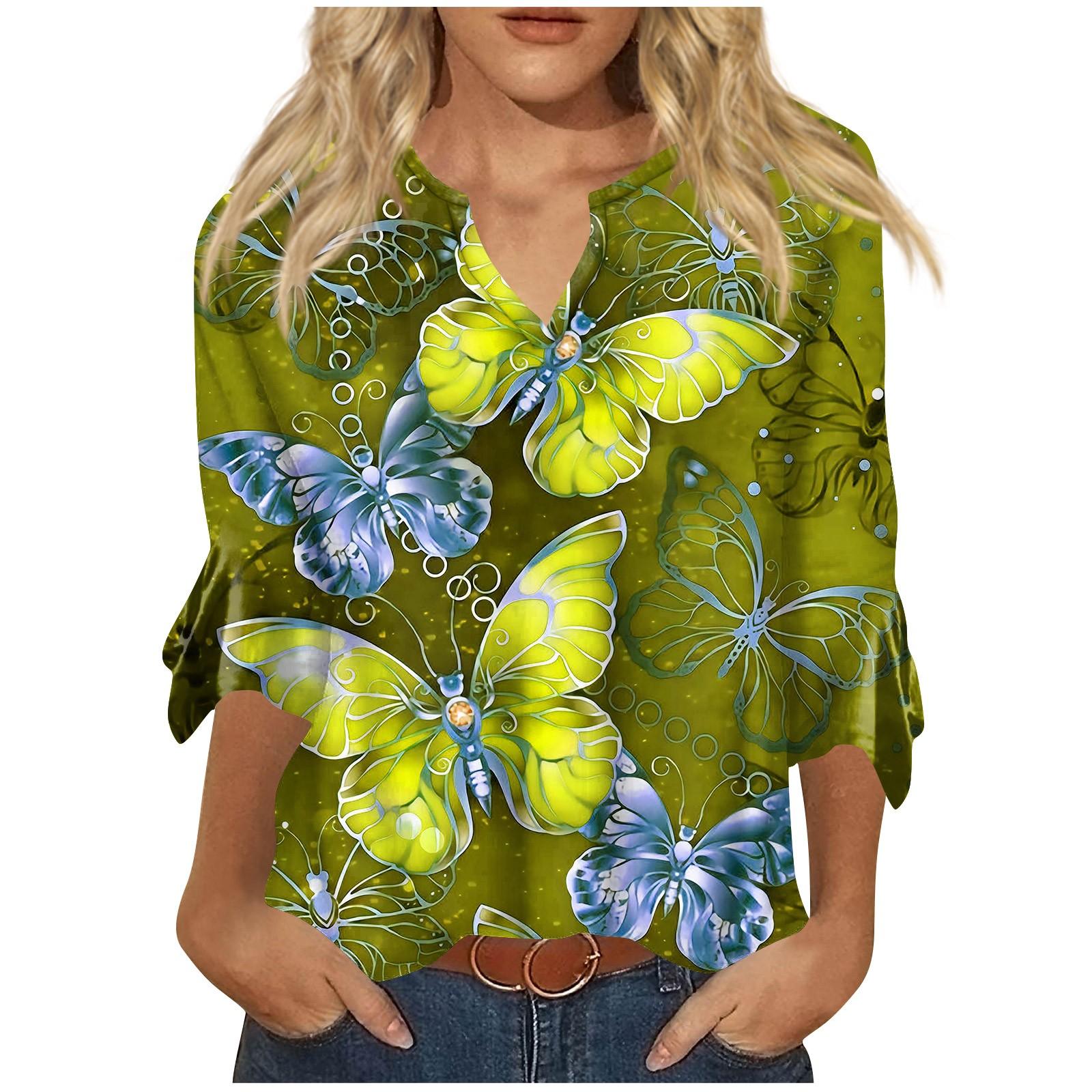 

Рубашки с рукавом 3/4 для женщин, футболки с рисунком и принтом бабочки, блузки, повседневные базовые топы больших размеров, пуловеры XXXL зелёный