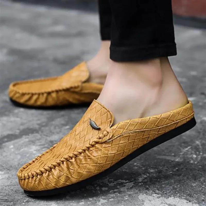 Retro Casual Sandals Man Flat Leather Wear Resistant Clappers 2025 Slippers for Men Fashion Trend Original Y2k Comfortable Shoes