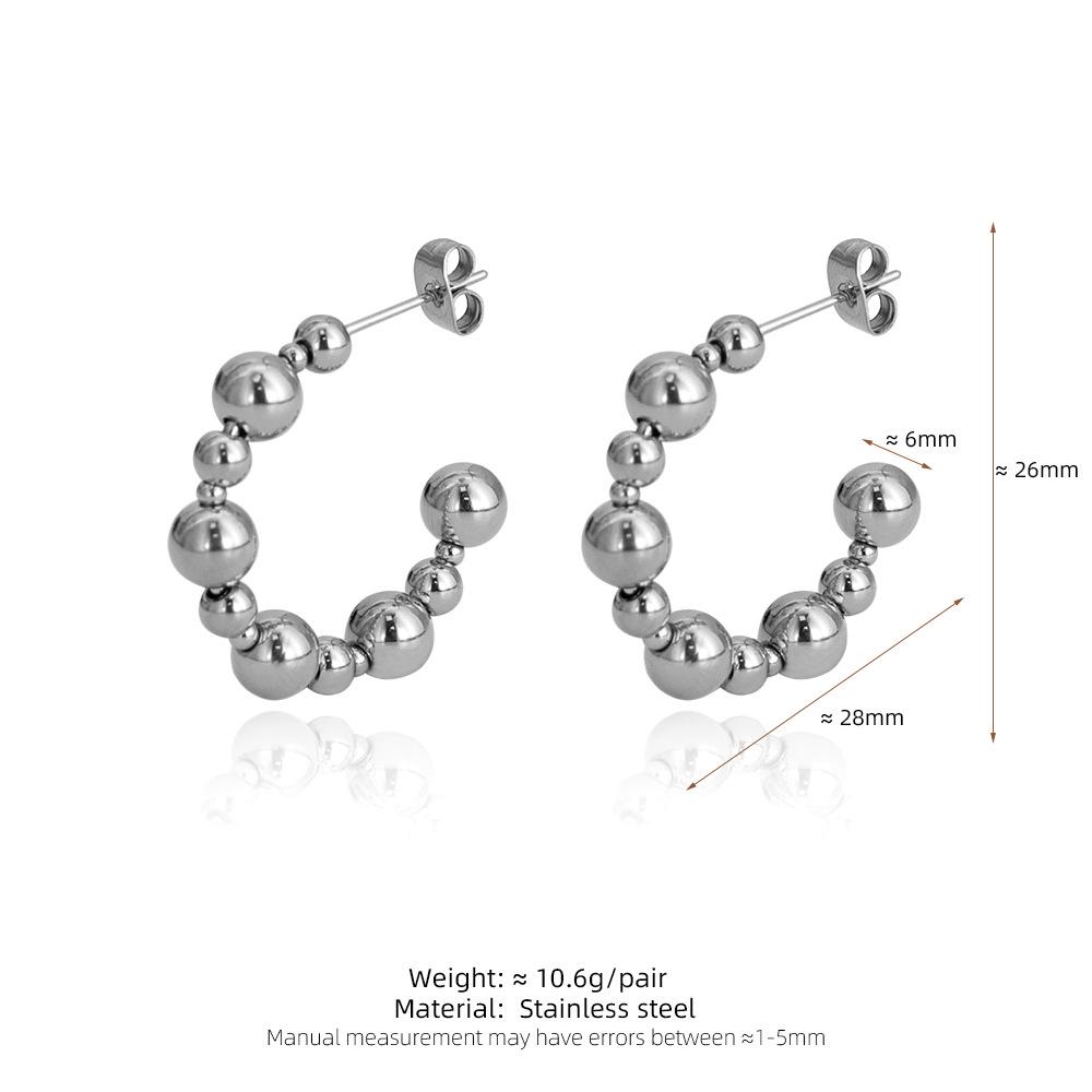 18K Gold-Plated C-Shaped Stainless Steel Earrings, Round Beads, Waterproof, Colorfast, Half Circle Stud Design.