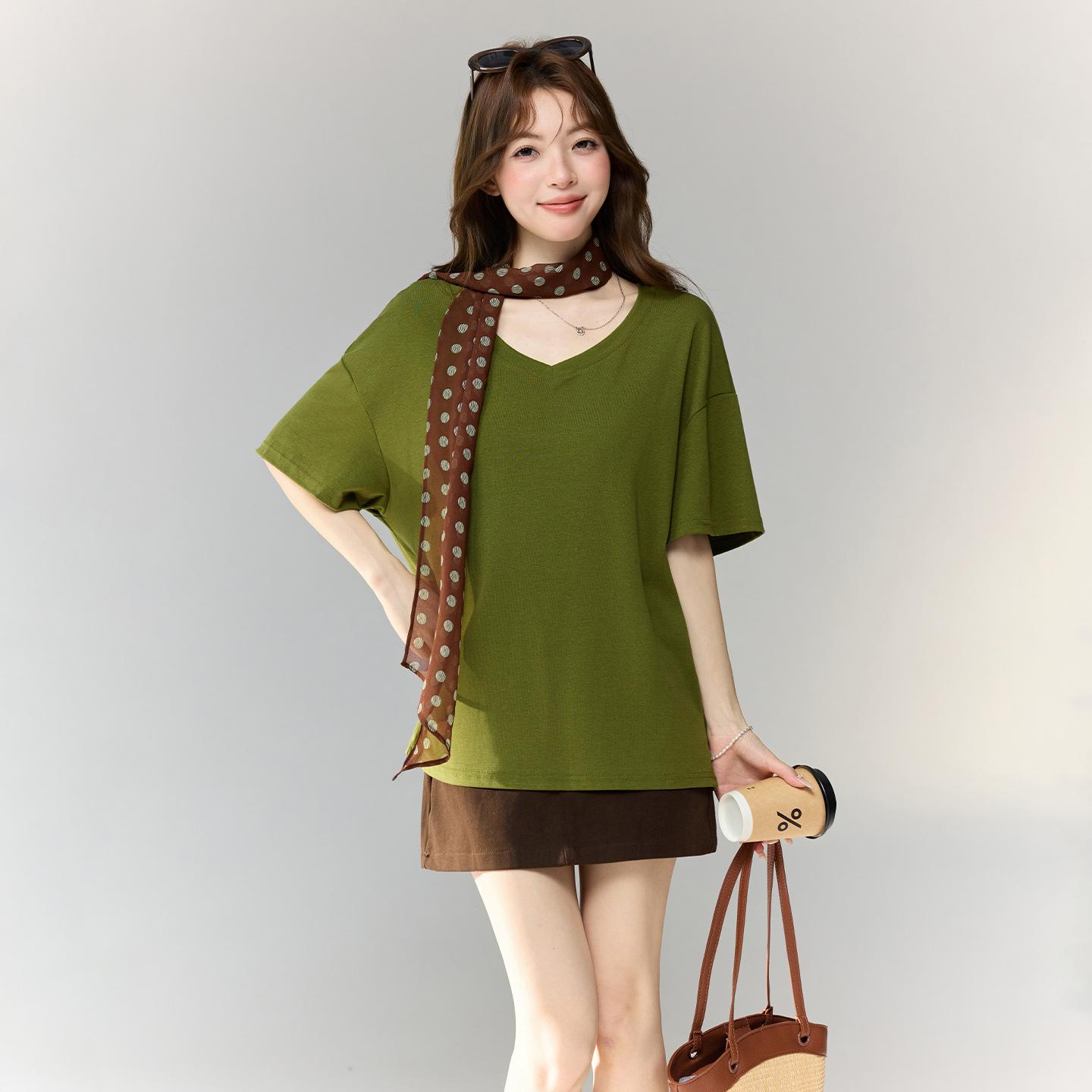 

Green Premium Versatile V-Neck Front Shoulder Short Sleeve T-Shirt Women s Summer New Loose Basic Pullover S зелёный