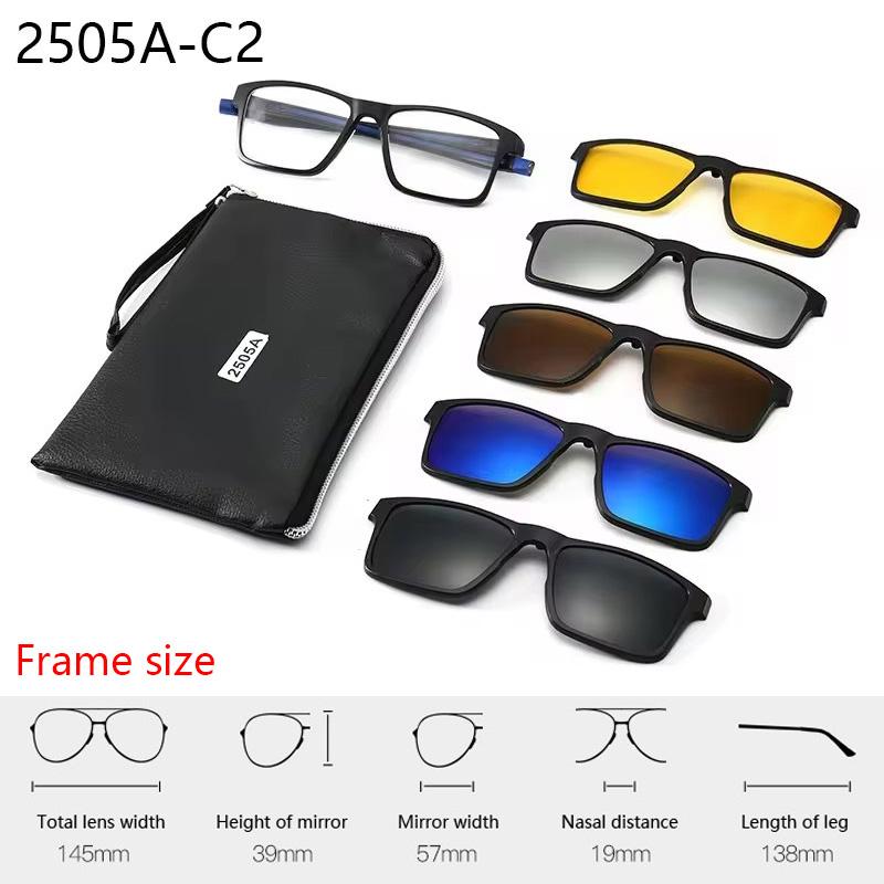 6 In 1 Spectacle Frame With 5 PCS Clip On Black Polarized Sunglasses Magnetic Telescopic Leg Glasses Male Computer Optical