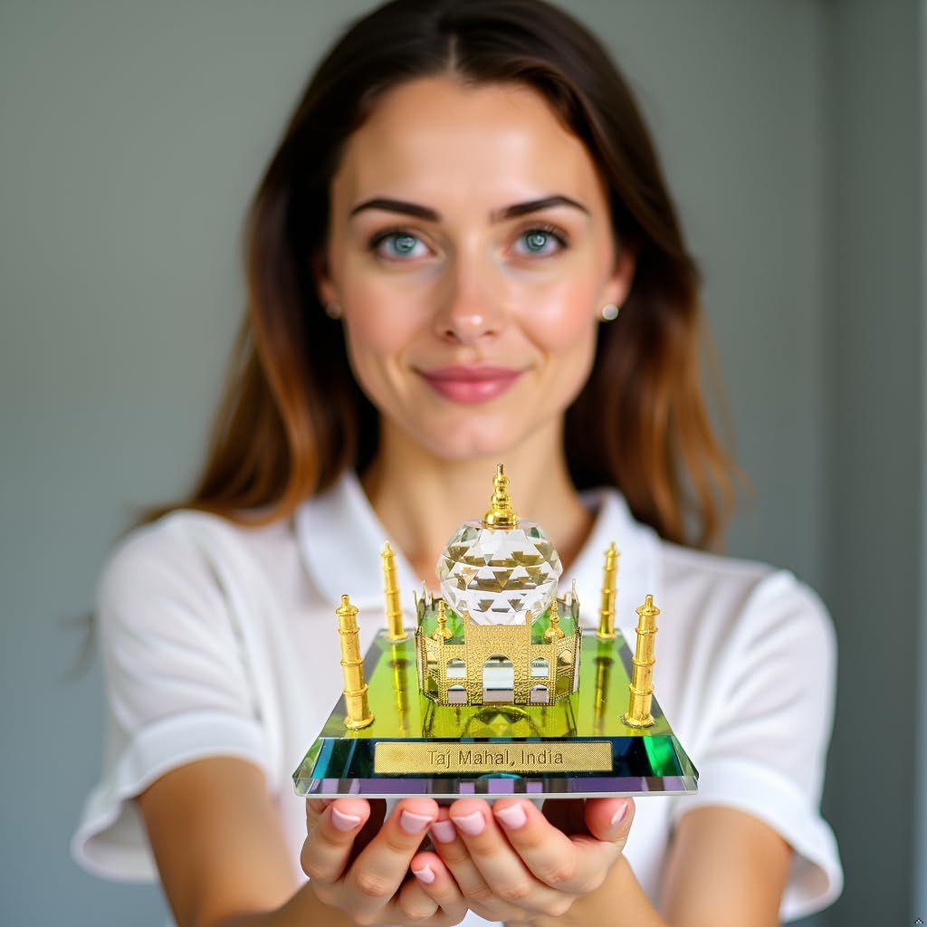 Crystal Taj Mahal Showpiece with Golden Multicolor Hue Home Decor Gift Corporate Office Gift Car Dashboard Showpiece Collectable