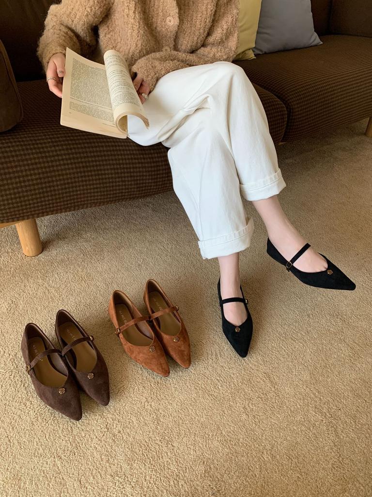 2025 New Autumn New Pointed Suede Word with Retro High Heels Women's Fashion Wedge Heel Commuter Shoes