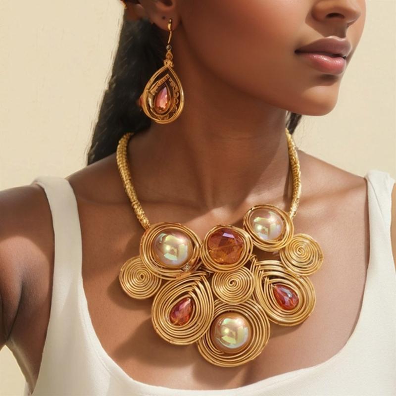 Statement Jewelry Set with Flower Cluster Design, Faux Bead Look Necklace and Matching Earrings for Outfit Styling