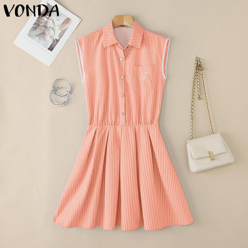 

VONDA Women Elegant Lapel Neck Sleeveless Striped Print Casual Pleated Dress S рожевий