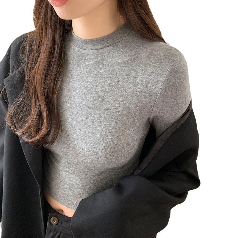 Slim Slim Long-sleeved T-shirt for Women Early Autumn New Solid Color Navel-baring Inner Layered Shirt Round Neck Short Top