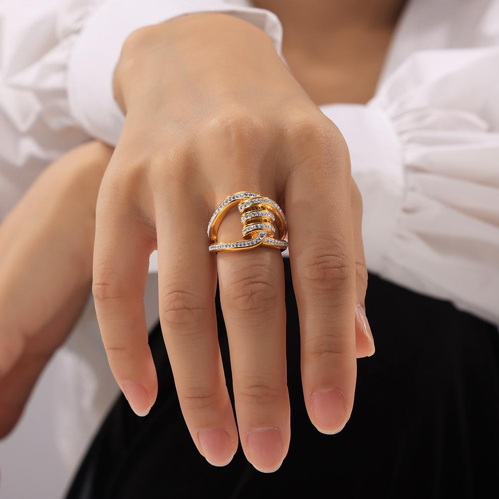 Hepburn Style New Geometric Double-Layer Splicing Ring Titanium Steel Plated 18K Gold Studded With Diamonds Fashion Ring