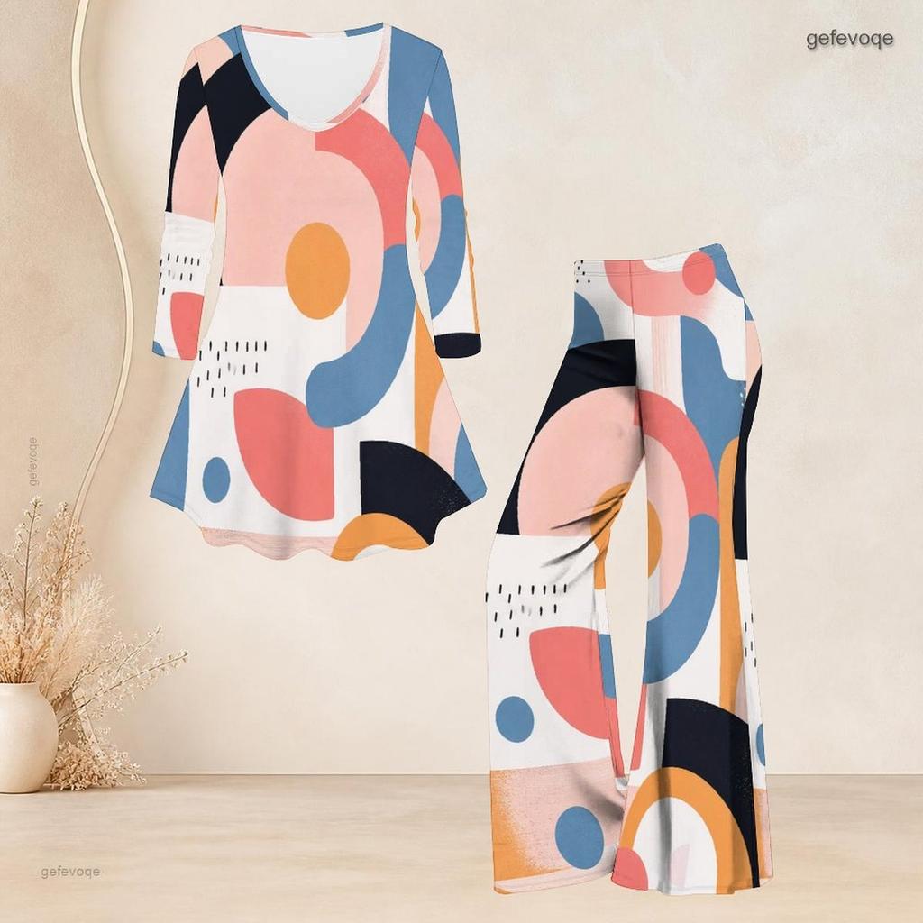 Women Plus Size V Neck Three Quarter Sleeve Printed Flared Top And Flared Pants Two Piece Set