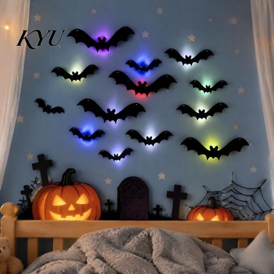 Indoor Holiday Wall Stickers Halloween 3D Lighted Bat Decor, Removable Felt Bats Stickers, Assorted Art Size, LED Glowing Clings for Bathroom