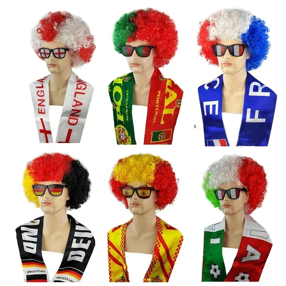 Conjuntos de Fantasia para Jogo de Futebol da Seleção Nacional Perucas Coloridas Cacheadas Óculos de Sol com Bandeira Suprimentos Engraçados para Festa de Fãs de Futebol