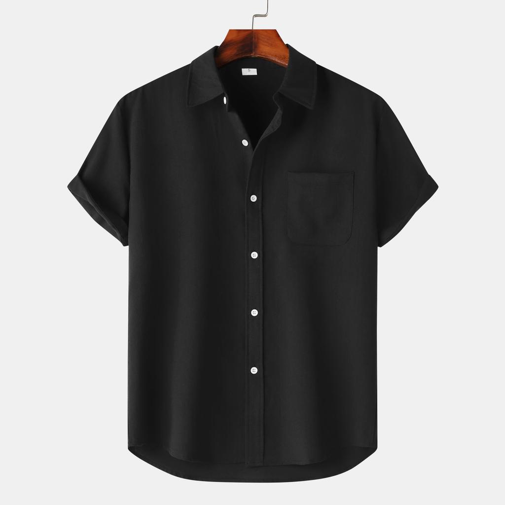 Summer Lapel Solid Color Short Sleeve Button Men's Linen Shirt Men's Clothing