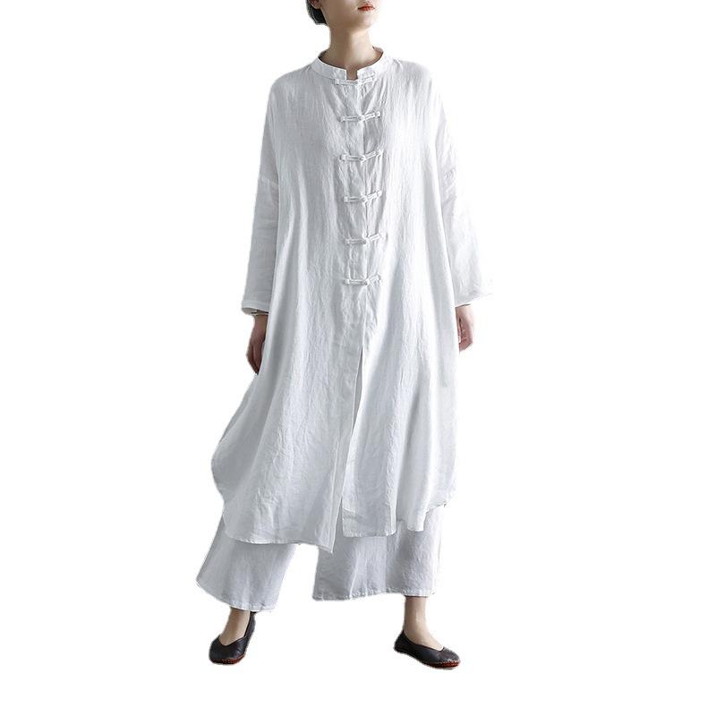 Xi Mo Women's Retro Linen Stand-Collar Cardigan Dress