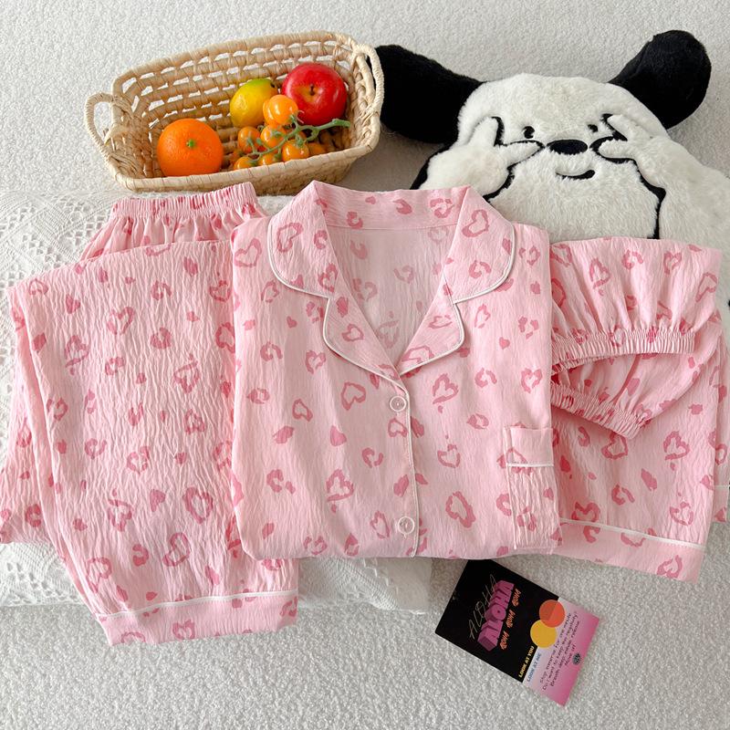 Women's Three-Piece Leopard Print Cotton Pajama Set: Short-Sleeve Top and Long Pants for Casual Summer Elegance.