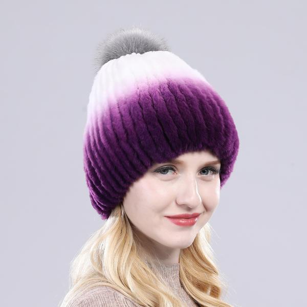 Winter hat Good elasticity women knitted 100% real rex rabbit fur cap with fox fur pompoms Natural rex rabbit fur lady warm hats