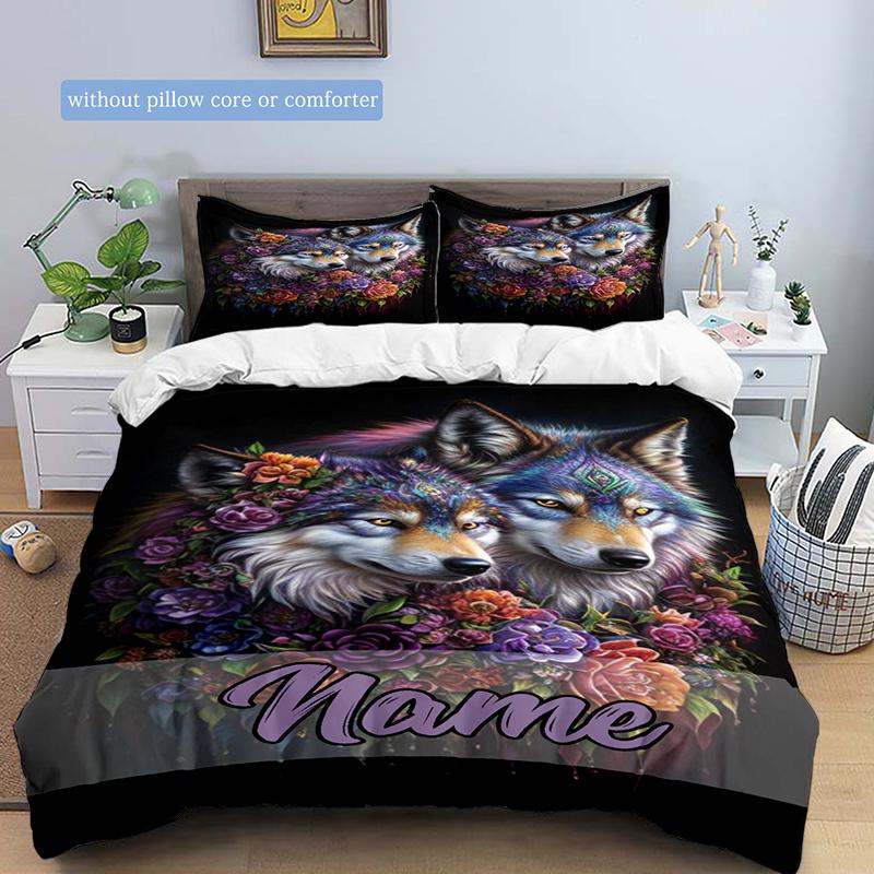 Two Wolf Flowers Duvet Cover Soft Bedding Set For Bedroomdorm Personalized Name Threepiece Set 1 Duvet Cover And 2 Pillowcases Perfect Gift For All