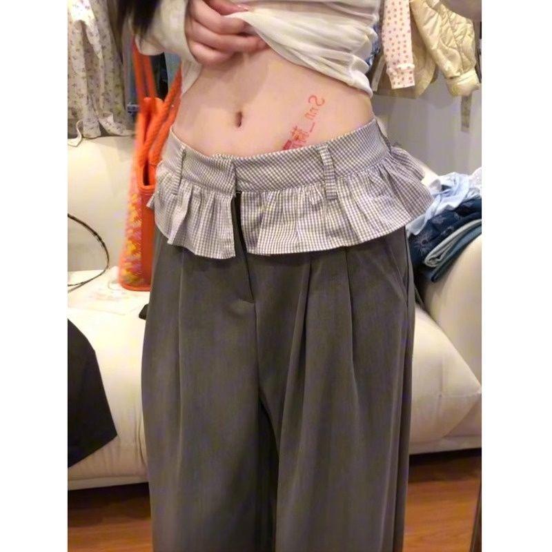 

2025 Spring/Summer Retro Korean Plaid Lace Patchwork Ballet Pants Small
