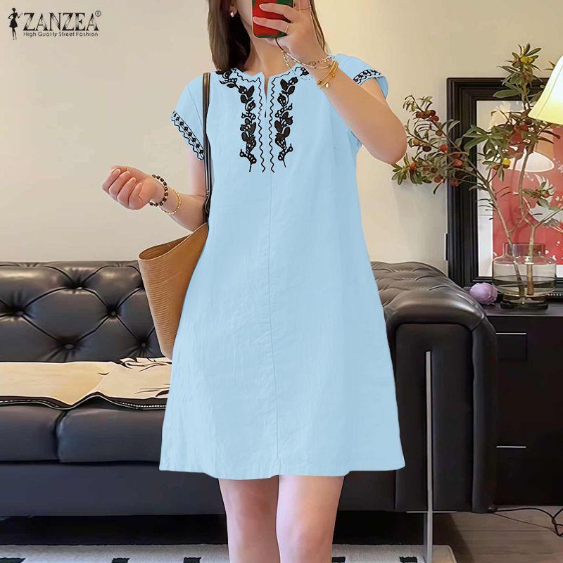 ZANZEA Women Print Casual V-Neck Summer Short Sleeve Dress