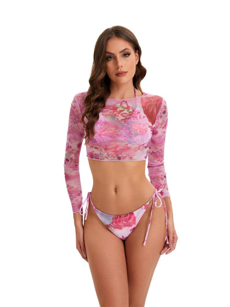

Color Blocked Slimming Sexy Casual Trendy Vacation Swimsuit Tie Dye Mesh Long Sleeve Bikini Three Piece Set S