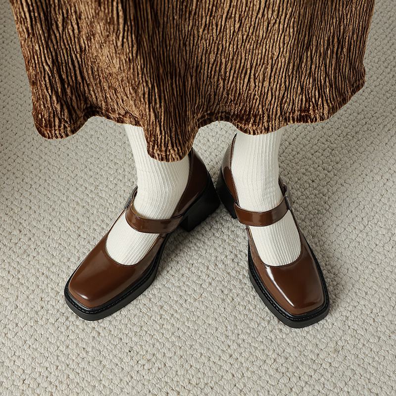 Krazing Pot Cow Skin Summer Size 40 Chunky Heels Women Square Toe European Design Shallow Platform Pumps