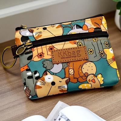 Porta-moedas Fofo com Estampa de Gato para Mulheres Mini Carteira Porta-cartões com Zíper Chaveiro Porta-moedas Pequeno Bolsa de Moedas de Lona Bolsa Portátil Presente