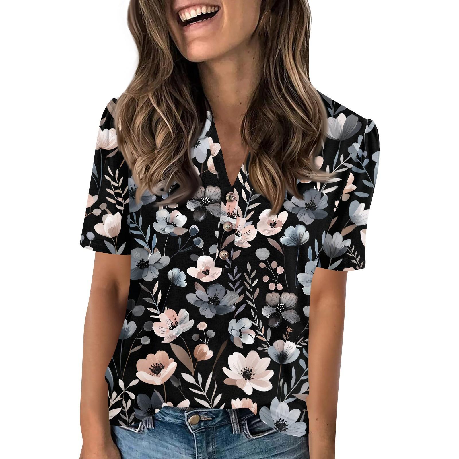 

Женский модный повседневный свитер с коротким рукавом и принтом на пуговицах и V-образным вырезом L чёрный