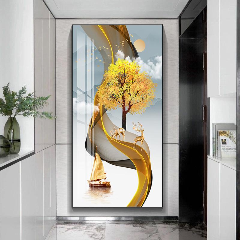 Modern Golden Rich Tree Canvas Painting Wall Art New Chinese Gold Deer Zen Stone Posters for Porch Wall Decoration Room Decor