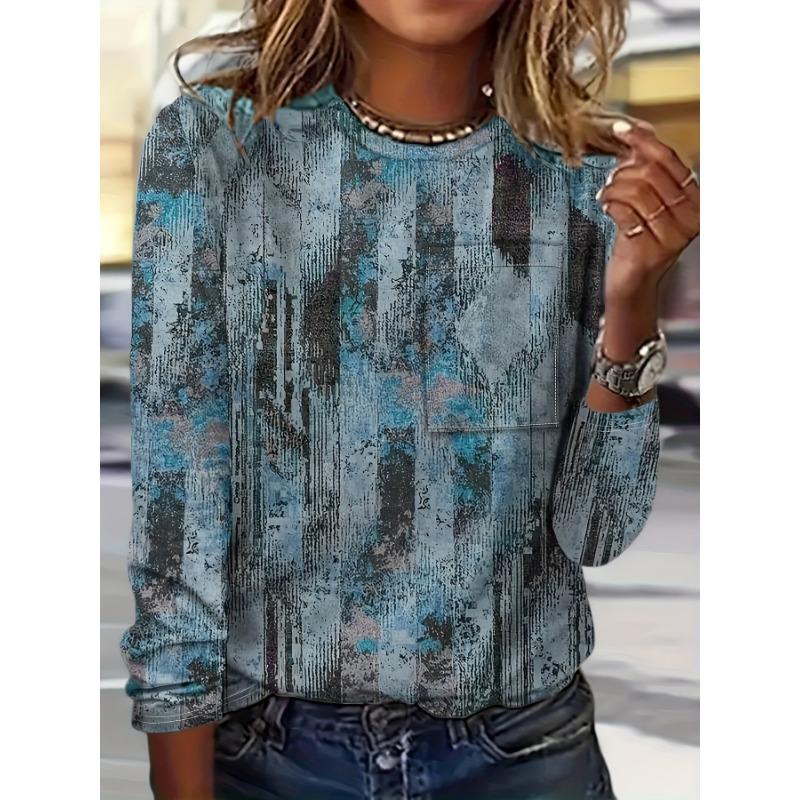 

Women s T-shirt 3D Color Retro Texture Printing Fashion Long Sleeve Round Neck Regular Top Holiday Weekend Spring and Autumn S