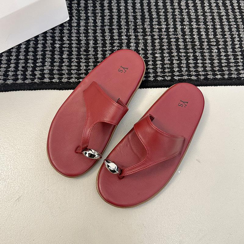 SGIRL TWTW high-end fashion round toe flip-flops shoes women's summer leather flat-bottomed vacation beach