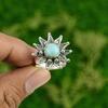 Natural Larimar Gemstone Promise Flower Blue Adjustable Ring 925 Sterling Silver