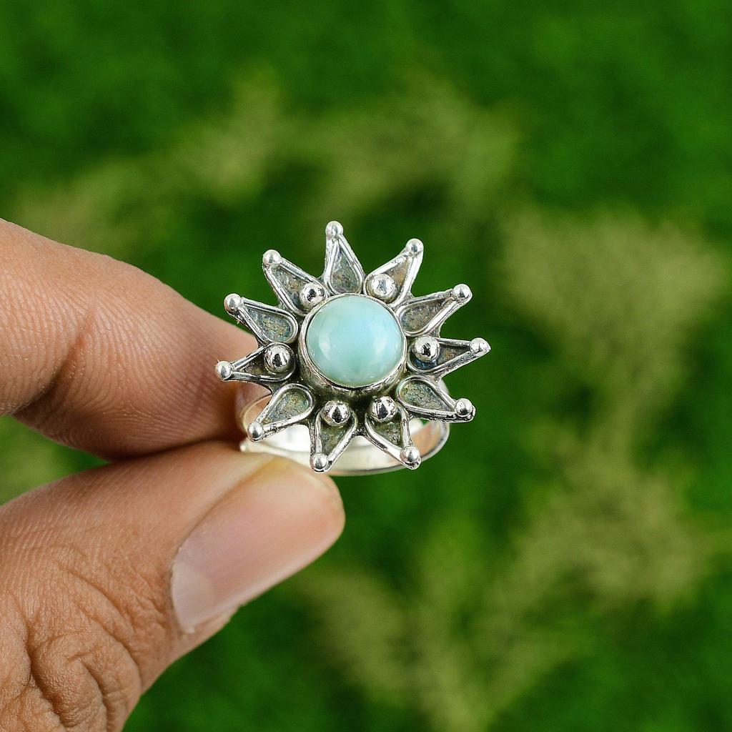 Natural Larimar Gemstone Promise Flower Blue Adjustable Ring 925 Sterling Silver