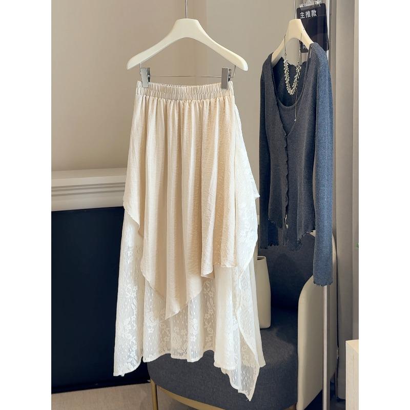 

Autumn high waist pleated drape big swing skirt French irregular hollow hook lace splicing skirt women One size fits all