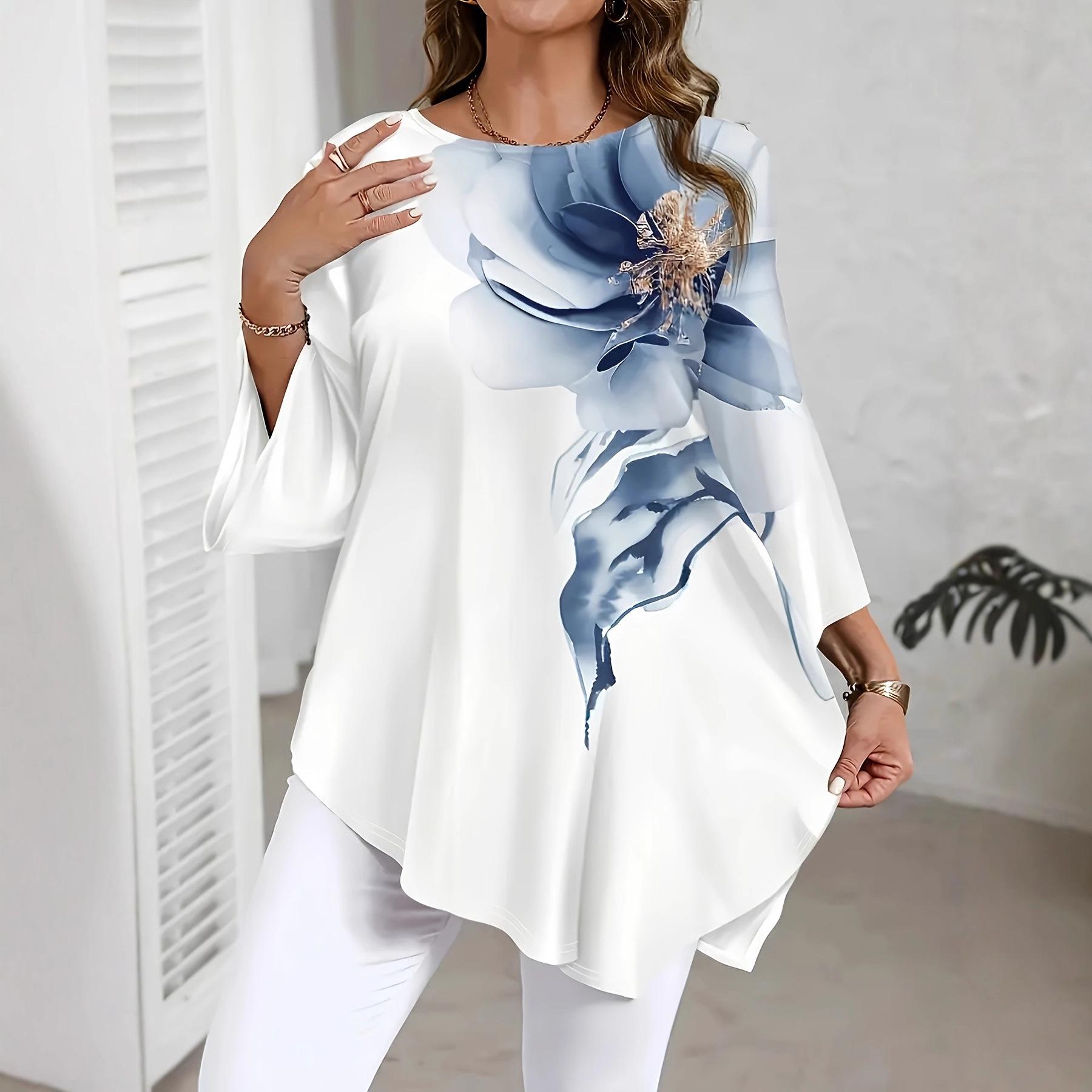 2026 New Casual Versatile Top Floral Print Round Neck T-shirt S белый