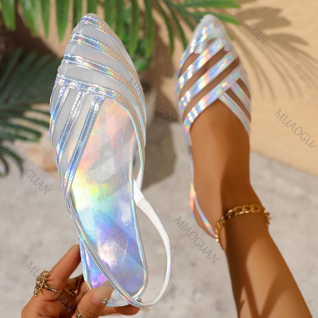 Modische Sommerliche Flache Spitzsandalen für Damen Mesh Freizeit Strandschuhe 2025 Neu Bequem Leicht Bunt Römische Damen Sandalen