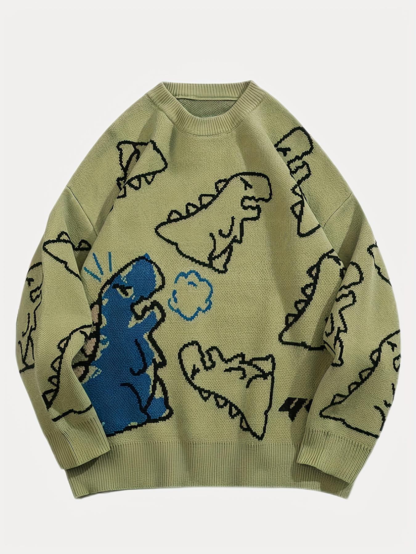 Damen Oversized Pullover mit Dinosaurier-Muster - Gemütlicher Langarm-Pullover für Freizeitkleidung M grün